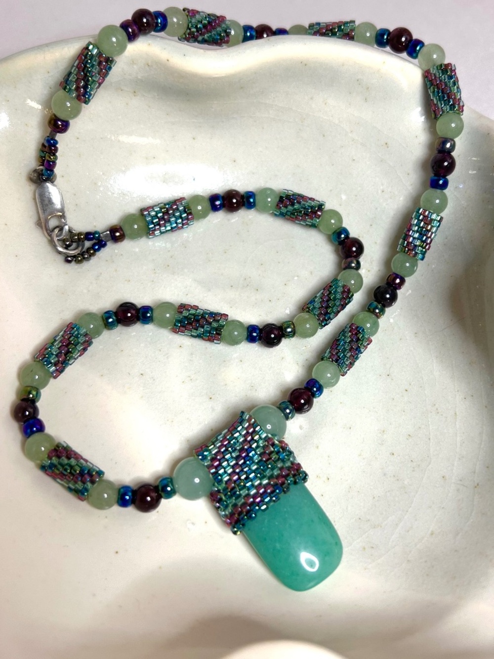 Vintage Artisan Peyote Beaded Pendant Necklace With Natural Stone and 925 Silver